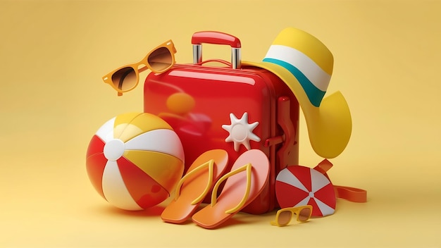 Photo illustration 3d de valise de voyage, pantoufles de plage et lunettes de soleil sur fond jaune