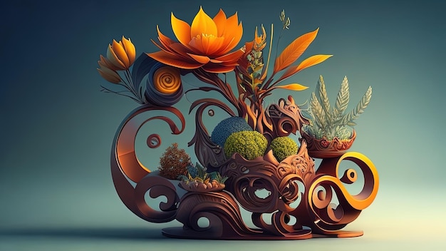 Illustration 3D d'un vase avec une fleur de lotus