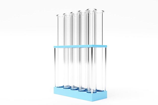 Illustration 3d de verrerie avec des liquides pour analyse en laboratoire isolés sur un fond crseu Flacons avec un liquide transparent avec support de réflexion dans une rangée paire