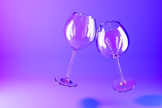 Photo illustration 3d de verres à vin volant sur une surface violette.