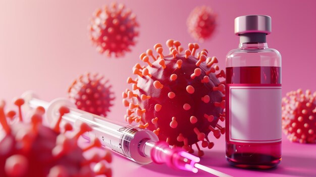 Illustration 3D vibrante d'une particule de virus près d'un flacon de vaccin et d'une seringue sur un fond rose