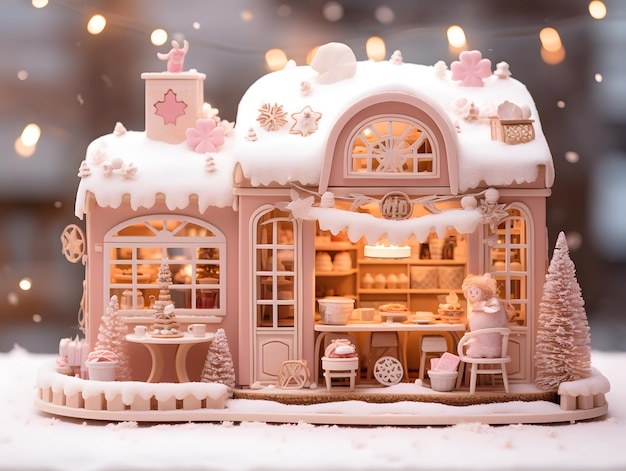 Illustration 3D d'un village de Noël avec des maisons en bois et des flocons de neige