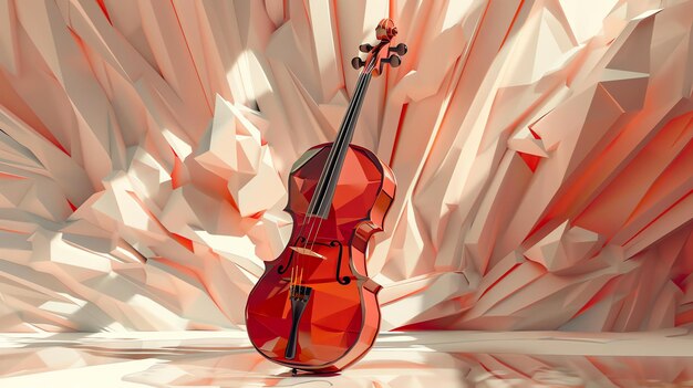 Photo illustration 3d d'un violoncelle rouge sur un fond de cristal blanc