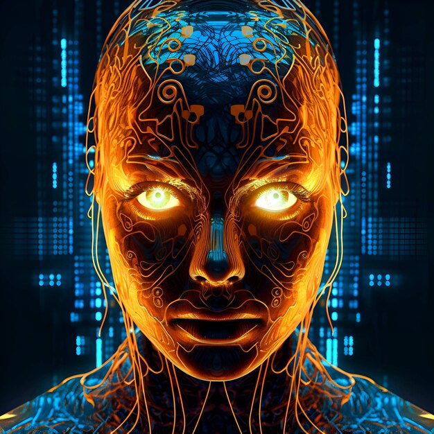 Illustration 3D d'un visage féminin cyborg futuriste avec des yeux brillants