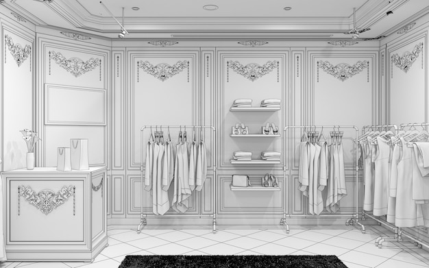 illustration 3D de la visualisation de l'intérieur du magasin de vêtements