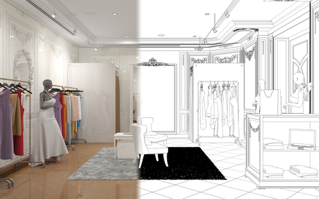 illustration 3D de la visualisation de l'intérieur du magasin de vêtements