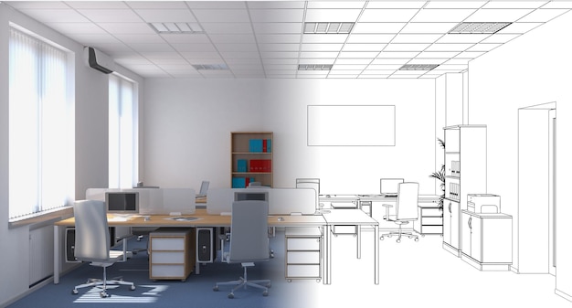 illustration 3D de visualisation intérieure de bureau