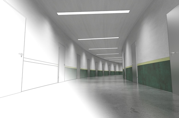 illustration 3D de la visualisation intérieure du long couloir