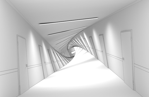 illustration 3D de la visualisation intérieure du long couloir