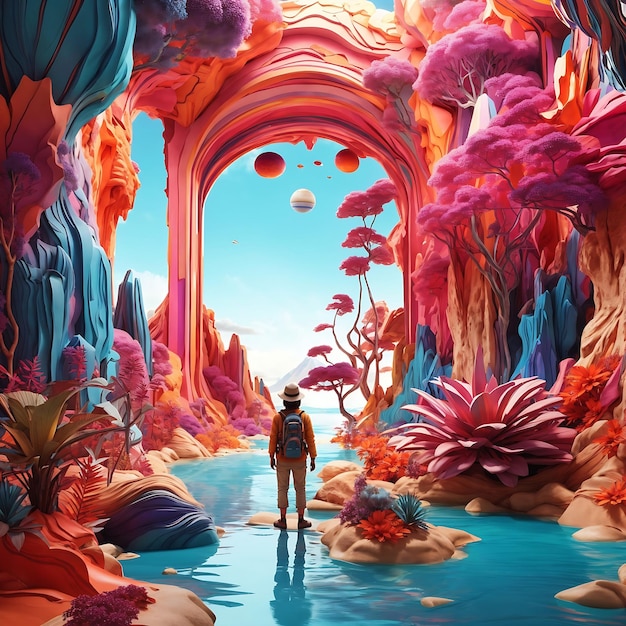 Illustration 3D d'un voyageur explorant un paysage exotique rendu de manière surréaliste