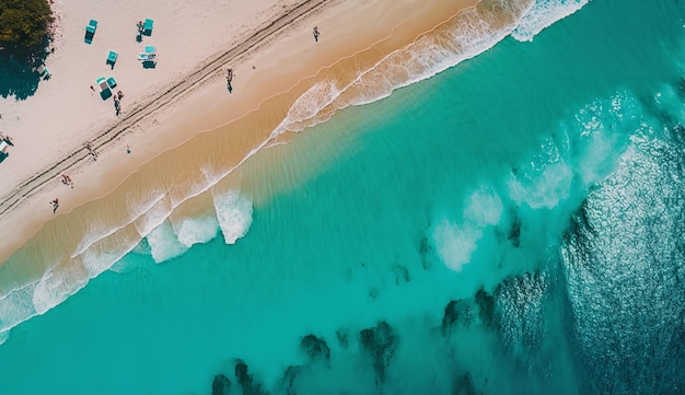 Illustration 3D d'une vue aérienne de la plage d'été et de l'eau bleue de l'océan Generative Ai