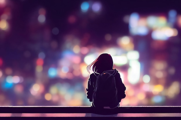 Illustration 3d de la vue arrière d'une personne solitaire dans la grande nuit de la ville allume le fond néon