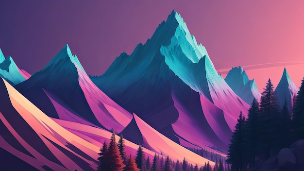 Illustration 4k arbres de montagne abstraits cadre de fil numérique arrière-plan abstrait coloré IA générative
