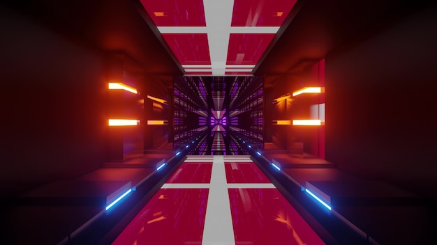 Illustration 4K UHD 3D des drapeaux du Danemark brillant de néons à l'intérieur d'un tunnel futuriste lumineux