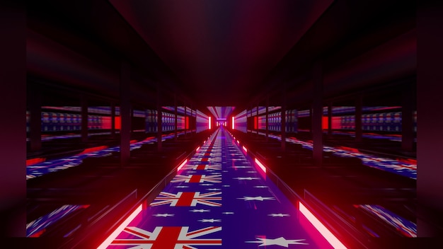 Illustration 4K UHD 3D d'un tunnel symétrique avec éclairage au néon rouge et drapeaux de l'Australie sur le sol