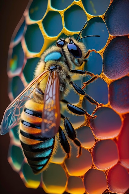 illustration d'une abeille sur un nid d'abeilles coloré