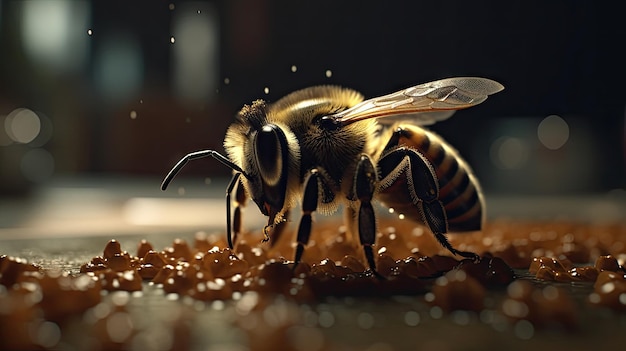 illustration d'une abeille vue de près en train de sucer du nectar