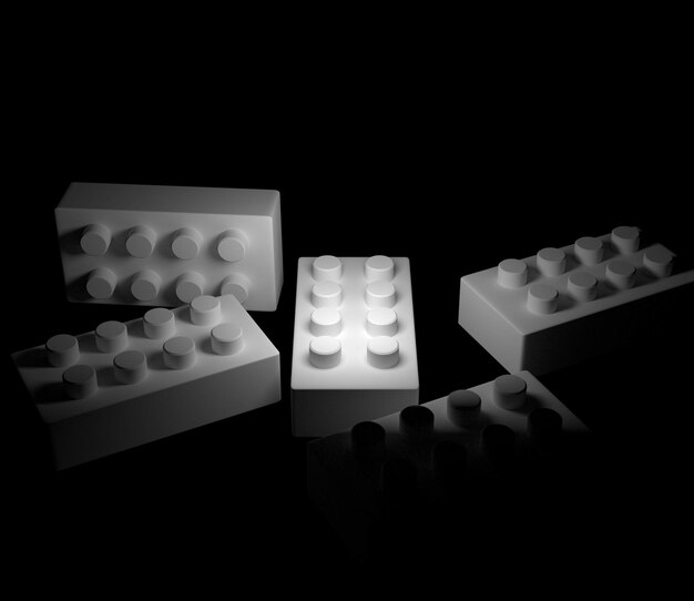 Illustration abstraite 3d de cubes d'assemblage blancs illuminés sur fond noir