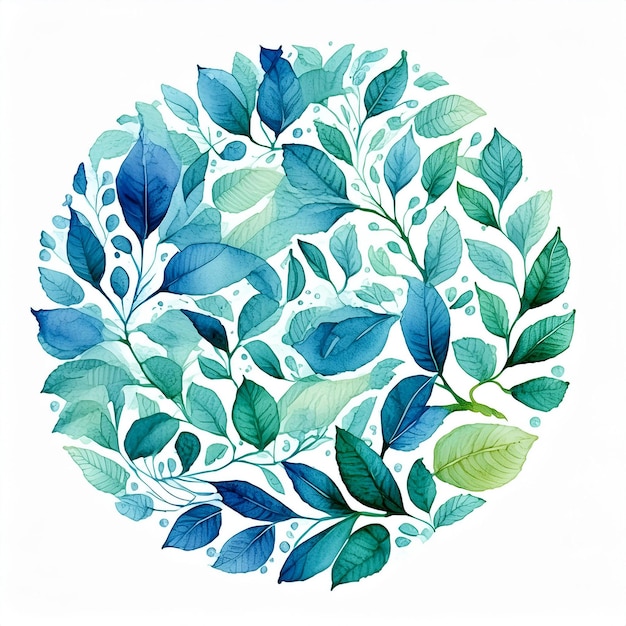 Illustration abstraite à l'aquarelle de différentes feuilles mandala Art dessiné à la main Tons bleus