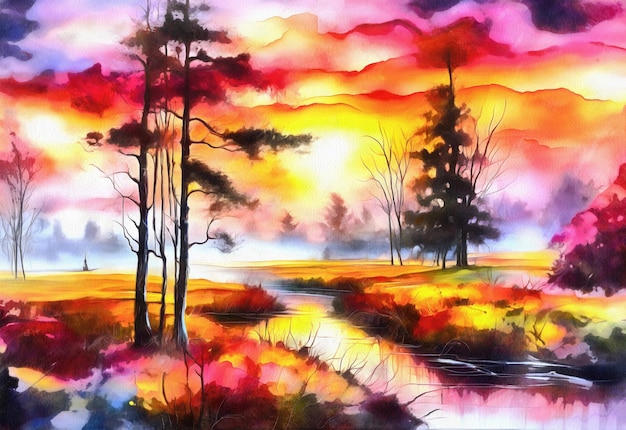 Illustration abstraite à l'aquarelle de la forêt d'automne colorée par l'IA