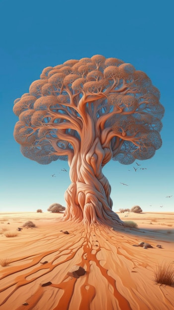 Illustration abstraite d'arbre en forme de cerveau dans le désert IA générative