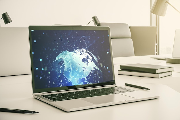 Illustration abstraite de codage créatif avec carte du monde sur un moniteur d'ordinateur moderne concept international de développement de logiciels rendu 3D