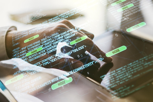 Illustration abstraite de codage créatif avec des clics de doigt sur une tablette numérique sur le concept de développement de logiciel d'arrière-plan