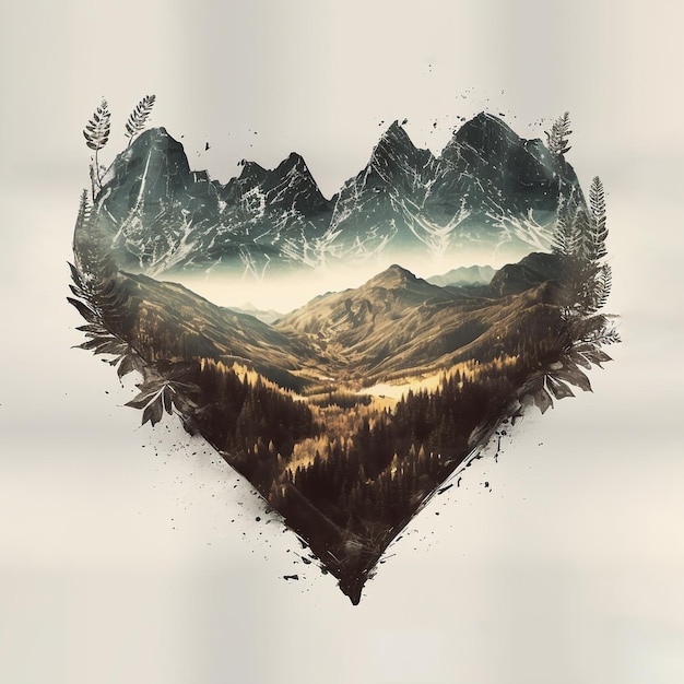 Illustration abstraite avec coeur et paysage de montagne