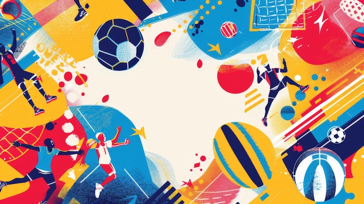 Photo illustration abstraite et colorée d'une balle de basket-ball, d'un ballon de football et d'un volley-ball avec des joueurs en action