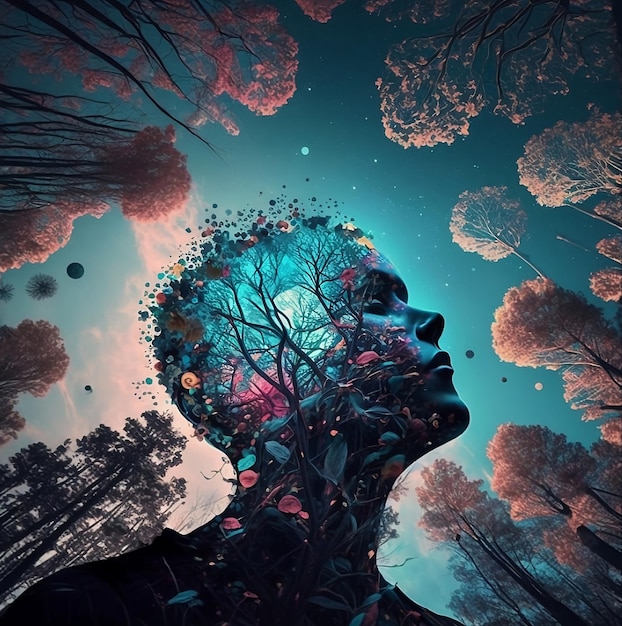 Illustration abstraite du profil de l'homme avec forêt et ciel bleu