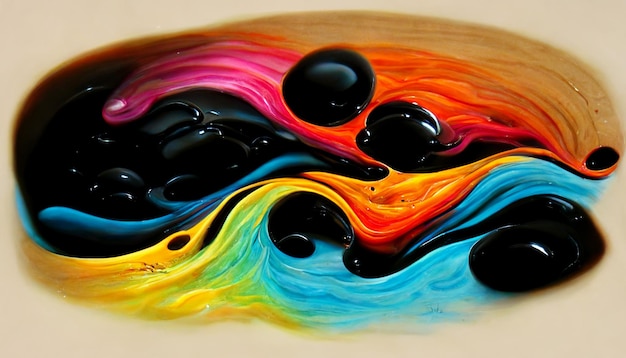 Illustration abstraite faite de peinture à l'huile multicolore sur fond noir, idée de peinture à l'huile 3D vibrante