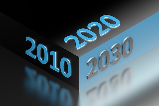 Illustration abstraite avec les numéros de l'année 2010 2020 2030 disposés sur un grand cube. illustration 3D.