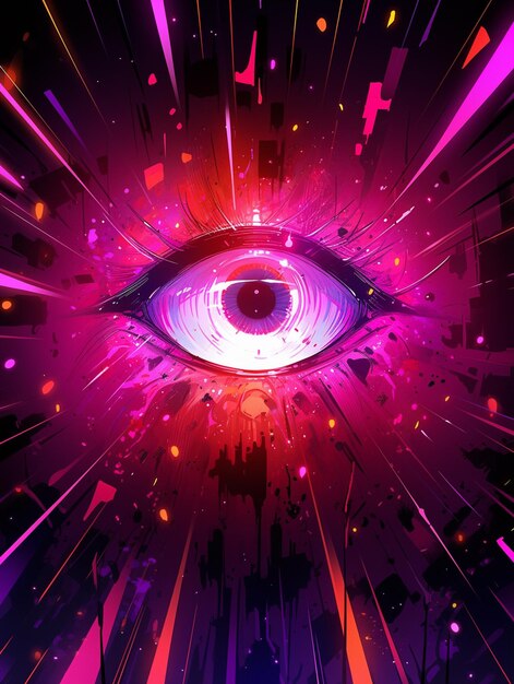 illustration abstraite d'un œil violet entouré de lumières vives