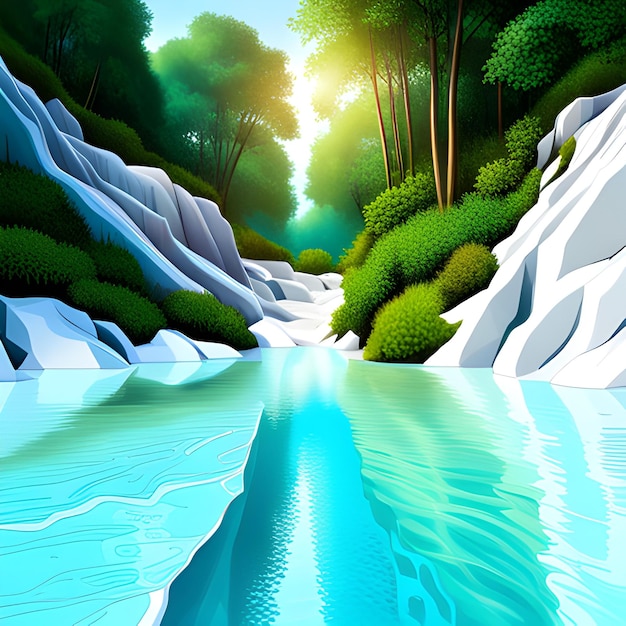 Illustration abstraite rivière forêt verte paysage bleu palmiers Contenu IA génératif
