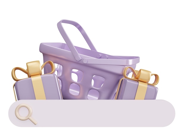 Photo illustration d'achat en ligne avec une boîte cadeau avec une icône de recherche et un panier d'achat violet
