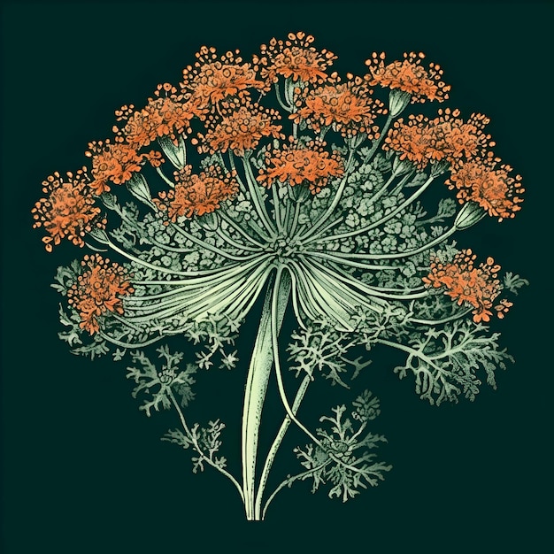 Illustration d'une achillée en fleurs sur un fond vert foncé