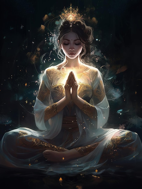 Illustration acrylique épaisse sur pixiv magnifique jeune fille noire gothique faisant la pose de lotus de yoga