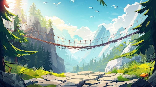 Une illustration aérienne d'un pont à corde suspendue dans les montagnes mettant en vedette un paysage de canyon rocheux avec des sapins herbe verte sur des pierres fissurées oiseaux volant dans un ciel bleu ensoleillé et un
