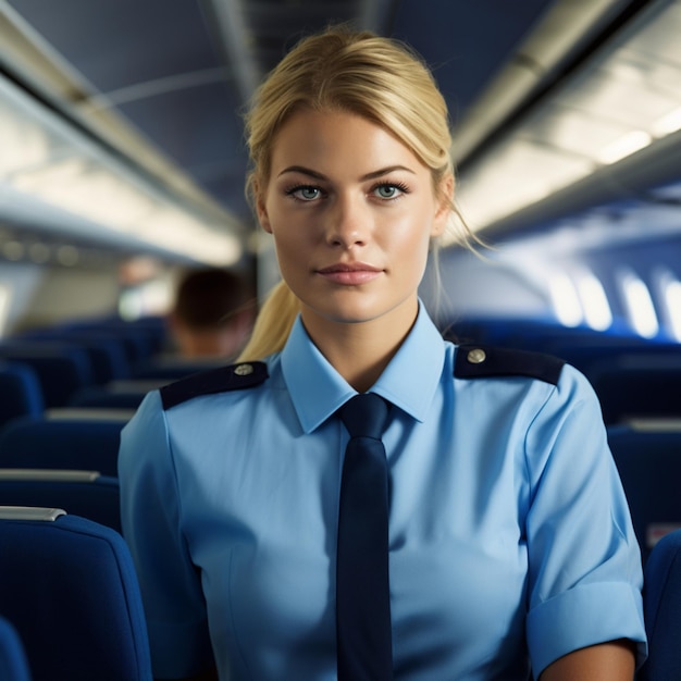 Illustration AI génération blonde hôtesse de l'air dans un uniforme bleu