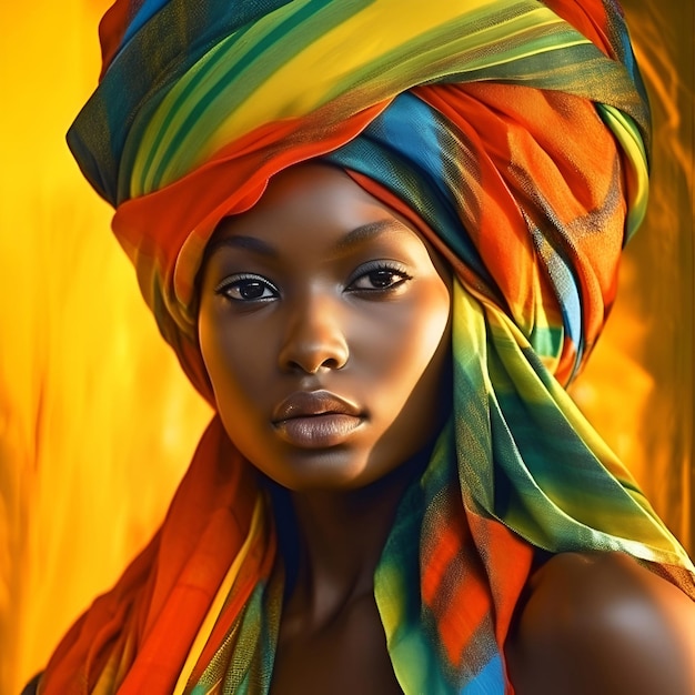 Illustration AI générative belle femme afro-américaine dans un turban sur sa tête portrait en gros plan