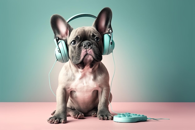 Illustration ai générative chien bouledogue français écoutant des écouteurs de musique