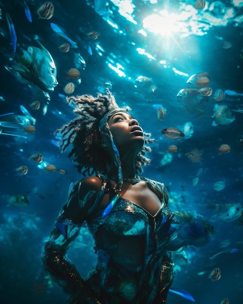 Illustration ai générative fantastique jeune femme plongée sous-marine