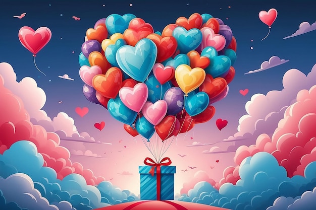 Illustration de l'amour et de la Saint-Valentin avec cadeau de ballon coeur et nuages style papier découpé