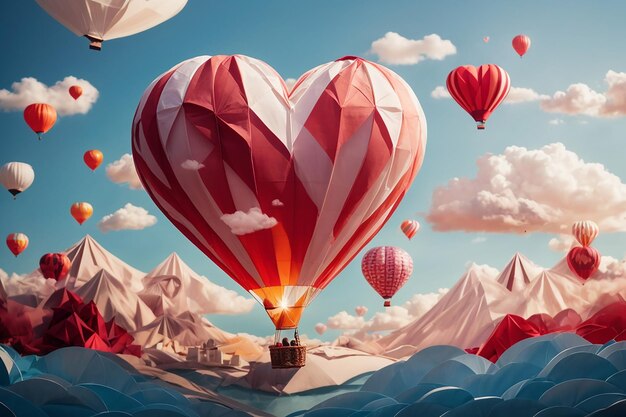 Illustration de l'amour et de la Saint-ValentinOrigami fait un ballon à air chaud en forme de cœur avec massage 14 février flottant sur le style d'art et d'artisanat numérique