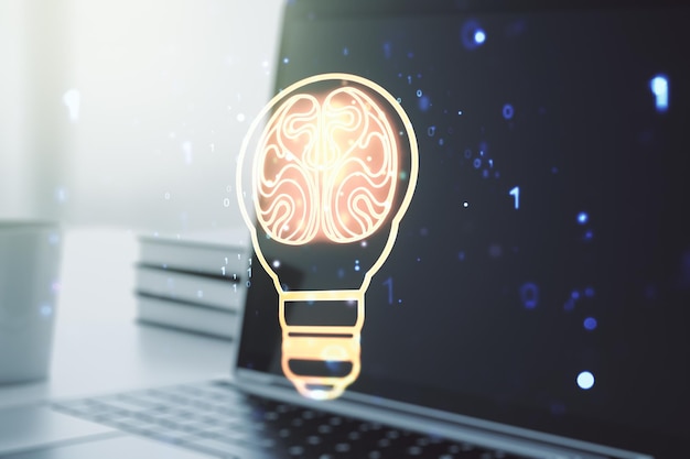 Illustration d'ampoule créative avec cerveau humain sur fond d'ordinateur moderne futur concept de technologie