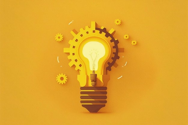 Illustration d'une ampoule avec des engrenages sur fond jaune concept d'idées IA générative