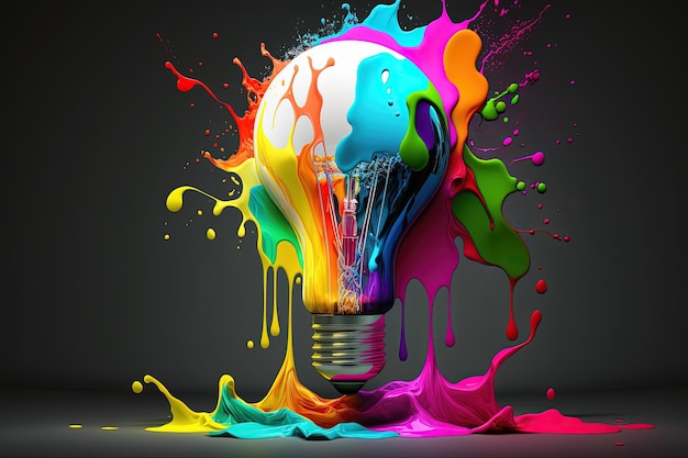 Illustration d'une ampoule et d'un fond noir de peinture colorée dégoulinant AI générative