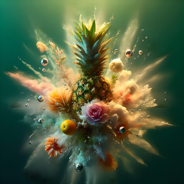 Photo illustration d'un ananas avec des éclaboussures d'eau