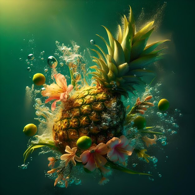 Illustration d'un ananas avec des éclaboussures d'eau