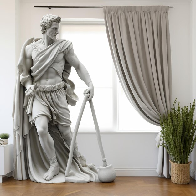 Photo illustration de l'ancienne statue grecque d'un homme en marbre nettoyant le rideau